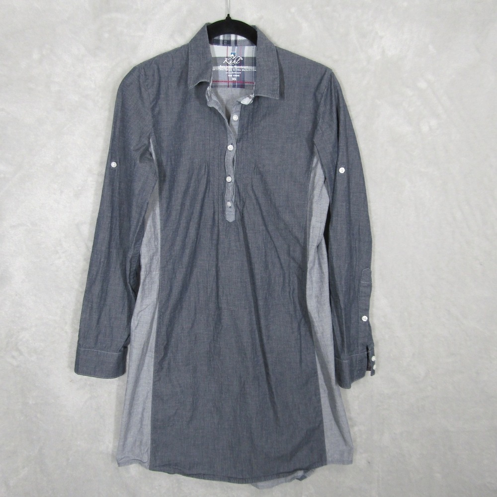 Kuhl Womens XS Tunic Shirt Dress Gray Chambray Button Down Roll Tab Sleeve